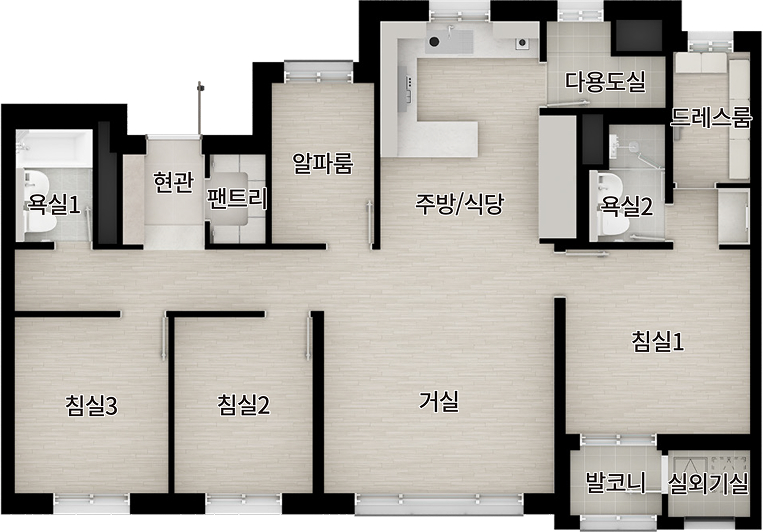 더샵 검단레이크파크 84A 발코니 확장형 공식 평면도. 현관, 팬트리, 알파룸 등 공간 구성